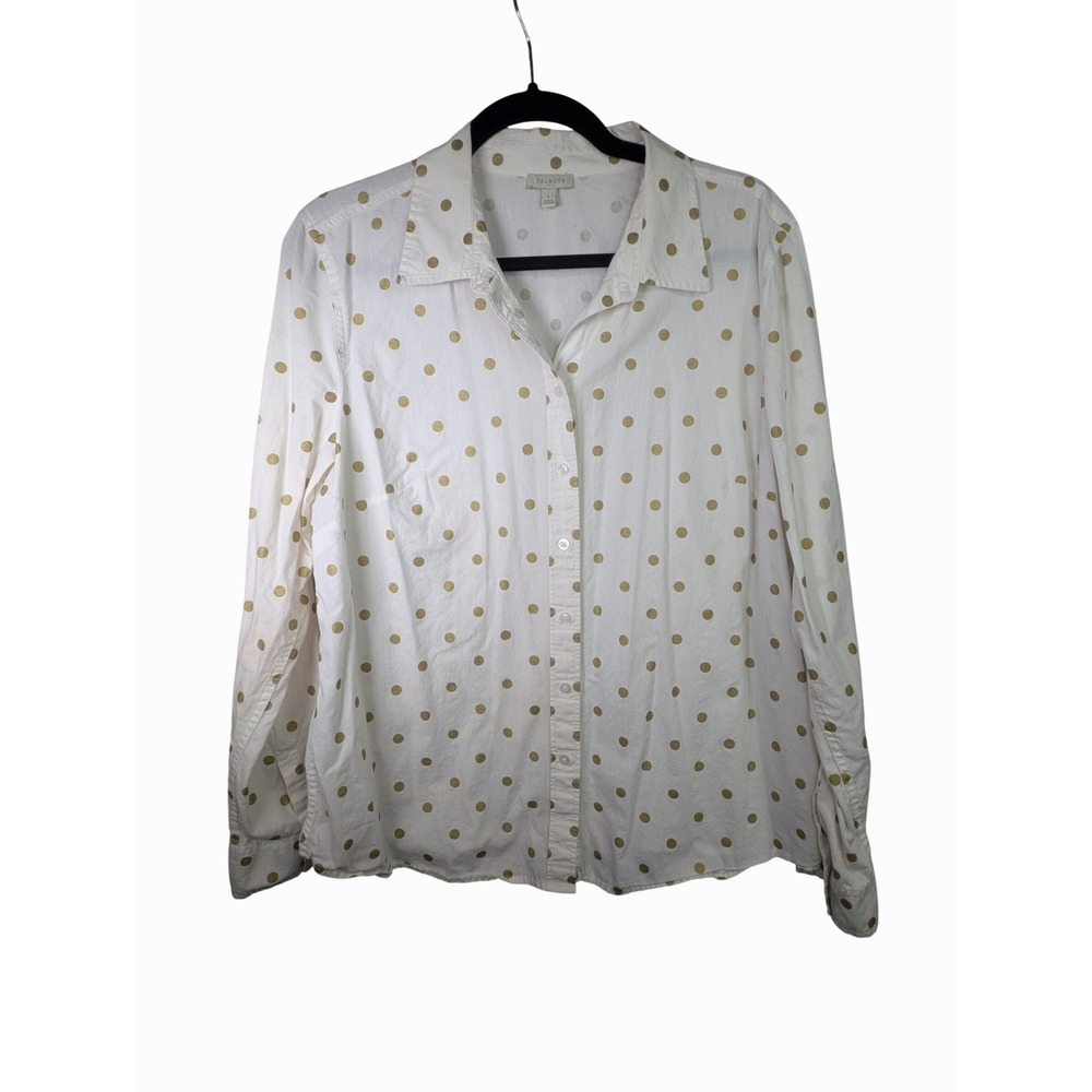 Talbots Womens Large White Gold Metallic Polka Dot 100% Cotton Button Down Shirt